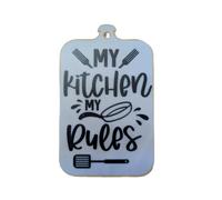 Funny Kitchen Sign - “My Kitchen My Rules” Wall Hanging | Decorative Cutting Board Style Plaque, Black & White, 23cm x 14.5cm