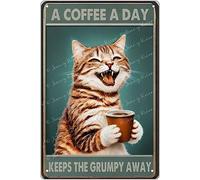 Funny Kitchen Signs Coffee Sign A Coffee A Day Keeps The Grumpy Away Vintage Tin Sign Metal Decorations Cat Cafe Poster Signs Plaques Christmas Birthday New Home Gift 12x8 Inch