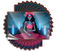 Funny Kitchen Tin Signs Day Of The Dead: A Skeleton In A Red Dress Holding A Pink Rose Stickers 10Pcs Wall Signs Coffee Sign Decor(6X9CM)