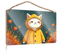 Funny Kitchen Wall Decor A Cute Cat in A Yellow Raincoat with Flowers The Room Decorations Fall Porch Decor(20X30CM)