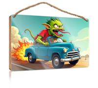 Funny Kitchen Wall Decor A Green Monster Drives A Blue Car with Flames Behind It The Room Decorations Fall Porch Decor(20X30CM)