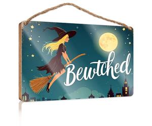 Funny Kitchen Wall Decor A Witch Flying On A Broom Under A Full Moon with The Word Bewitched The Room Decorations Fall Porch Decor(20X30CM)