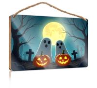 Funny Kitchen Wall Decor Two Ghosts and Pumpkins in Front of A Full Moon The Room Decorations Fall Porch Decor(15X28CM)