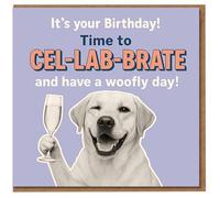 Funny Labrador Birthday Card - Time to CEL-LAB-BRATE - Winking Dog with Champagne, Pun Card for Dog Lovers, Friends or Family