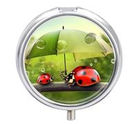 Funny Ladybug Holding Umbrellas Pill Box Round Portable Small Pill Case Waterproof Travel Pill Box Organizer for Pocket Purse and Daily Convenience