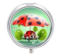 Funny Ladybug Holding Umbrellas Pill Box Round Portable Small Pill Case Waterproof Travel Pill Box Organizer for Pocket Purse and Daily Convenience