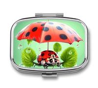 Funny Ladybug Holding Umbrellas Pill Box Travel Pill Organizer 2 Compartment Weekly Pill Case with Mirror A Day Medicine Container Medicine Organizer for Purse, Pocket, Or Wallet