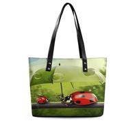 Funny Ladybug Holding Umbrellas Tote Bag Large Soft Leather Purse with Zipper Lightweight Ladies Shoulder Handbag