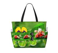 Funny Ladybug Print Large Waterproof Beach Tote Bag for Women with Zip and Pockets Foldable Handbag for Travel Pool Shopping Holiday Gym