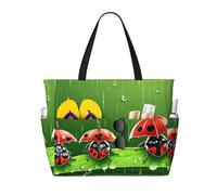 Funny Ladybug Print Large Waterproof Beach Tote Bag for Women with Zip and Pockets Foldable Handbag for Travel Pool Shopping Holiday Gym