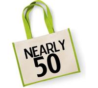 Funny Large Jute late 40's 48th 49th Birthday Shopping Bag NEARLY 50 (Green)