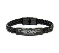 Funny Lawyer Gifts for Birthday - Braided Leather Bracelet with Engraved Stainless Steel - 'I'm A Lawyer. My Level Of Sarcasm Depends On Your Level Of Stupidity.' Quote, Small, Leather, no gemstone