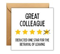 Funny Leaving Card for Colleague - 4 Star Review Joke Premium 300gsm Card | For coworkers, workmates, office farewells, new jobs, retirements and resignations; kraft envelope included; made in UK