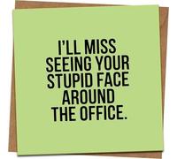 Funny Leaving Card - I'll Miss Seeing Your Stupid Face Around the Office - Goodbye Coworker Office Banter, Blank Inside, 145mm x 145mm, Green, Includes Kraft Envelope