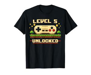 Funny Level 5 Unlocked Video Game 5th Birthday Gamer Pixel T-Shirt