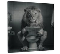 Funny Lion Bathroom Canvas Wall Art, Black White Animal Poster Prints, Humorous Wall Decor for Living Room, Bedroom, Bathroom, Dorm, Wrapped Canvas 12x12 Inch