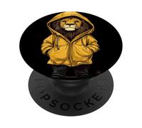 Funny Lion in Raincoat for a Cozy Rainy Day Vibe PopSockets Adhesive PopGrip