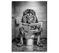 Funny Lion on Toilet Wall Art Bathroom Decor - Black and White Head Portrait Metal Signage 8x12 Inch
