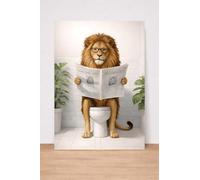 Funny Lion Reading Newspaper on Toilet Wall Art Print, Humorous Bathroom Decor, Animal Poster. Size A4