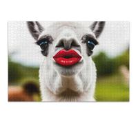Funny Llama Red Lips Adults 1000 Piece Jigsaw Puzzles Animal Painting Decor Custom Adults Art Jigsaw White Elephant Gifts Funny, 29.5x19.7 Inch