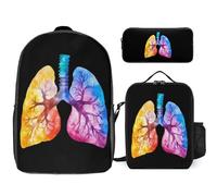 Funny Lung Watercolor Colorful Trendy Backpack Set for Unisex Lightweight 17inch Daypack with Lunch Bag And Pencil Case 3pcs