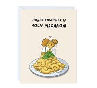 Funny Macaroni Wedding & Engagement Card - Punny Greeting Card, Blank Inside, Congrats, Cute for Bride Groom, Bridesmaid, Bachelorette, Couple, Husband Wife, Him Her (Joined together in holy macaroni)