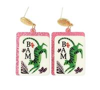 Funny Mahjong Acrylic Dangle Earrings, Pink Glitter Square Statement Jewelry with Cartoon Tile Prints, Lightweight Retro Game Night Accessories, Kawaii Funky Mahjong Inspired Earrings for Parties