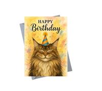 Funny Maine Coon Birthday Card for Cat Lover Her Him Long Haired Kitten Cute Fluffy Animal Humour Blank Inside - JBS76
