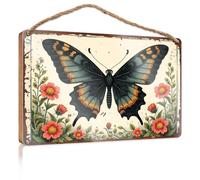 Funny Man Cave Signs A Black Butterfly with Orange Spots On Its Wings, Surrounded by Red Flowers Funny Wood Hanging Sign Bedroom Accessories(20X30CM)