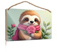 Funny Man Cave Signs A Cute Sloth Wearing A Pink Scarf Holds A Rose Funny Wood Hanging Sign Bedroom Accessories(15X28CM)
