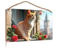 Funny Man Cave Signs A Ginger Cat Sits On A Balcony Adorned with Red Roses, Overlooking A Cityscape Funny Wood Hanging Sign Bedroom Accessories(20X30CM)