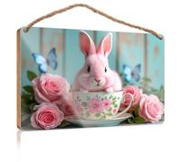 Funny Man Cave Signs A Pink Bunny Sits in A Floral Teacup Surrounded by Roses and Butterflies Funny Wood Hanging Sign Bedroom Accessories(15X28CM)