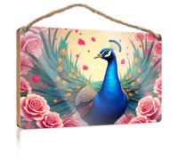 Funny Man Cave Signs Peacock with Roses: A Colorful Artwork Wooden Sign Outdoor Signs and Decor Fall Wall Decor(15X28CM)