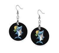 Funny Marlin Holding Cocktail Women's Drop Earrings Wooden Dangle Pendant with Stud Hoop Jewellery Gifts