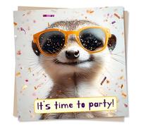 Funny Meerkat Happy Birthday Card - It's Time To Party - Meerkat In Glasses Design - Birthday Card For Friend, For Her, For Him, Loved One