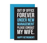 Funny Men Retirement Card - ‘Out of Office Forever, Consult My Wife’ - Gift for Colleagues, Coworkers, Buddy, Bro, Mate, Lad, Him - Farewell Joke from Work - Comes with Stickers