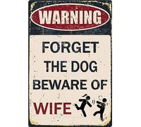 Funny Metal Garage Signs for Men Room Decor Little Man Cave Sign Vintage Bar Home Pub Office Wall Decorations, Forget the Dog Beware of Wife Tin Signs 8x12inch