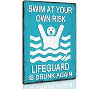 Funny Metal Pool Signs Swim At Your Own Risk Lifeguard is Drunk Again Retro Tin Sign for Swimming Pool Beach Lake Water Park Decor 8x12 Inchch