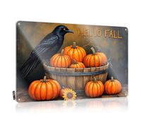 Funny Metal Poster A Black Crow Perches On A Wooden Barrel Filled With Pumpkins Tin Sign Bar Sign For Outdoor Bar Funny Signs Metal(20X30CM)