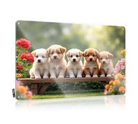 Funny Metal Poster Five Adorable Puppies Sitting On A Wooden Bench Surrounded By Colorful Flowers Tin Sign Bar Sign For Outdoor Bar Funny Signs Metal(20X30CM)