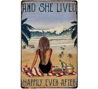 Funny Metal Signs Beach Lived Happily Sea Retro Tin Signs Vintage For Metal Tin Sign Home Wall Art, 12x8 Inches Funny Bathroom Signs Bathroom Decor