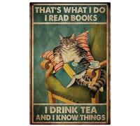 Funny Metal Signs for Bedroom Cat Metal Tin Sign Cat Reading Book and Coffee on Chair Metal Decorations Funny Iron Plaque Signs Gift 8x12 inch
