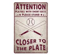 Funny Metal Tin Sign Baseball Sports Decor Players with Short Bats Please Stand Closer to the Plate Signs Man Cave Themed Bar Bathroom 8x6 Inches