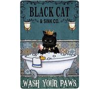 Funny Metal Tin Sign Black Cat Wash Your Paws Vintage Black Cat Wall Art for Cat Lovers Metal Sign Decoration Living Room Bathroom Kitchen Poster Decor 8x12 Inches