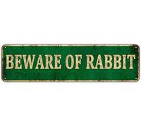 Funny Metal Tin Sign Humor Home Wall Decor Man Cave Bar Yard Wall Warning - Beware of Rabbit (4" x 16")