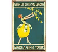 Funny Metal Tin Sign Lemon Lady When Life Gives You Lemons Make A Gin and Tonic Portrait Poster Retro Tin Sign Vase Flowers Poster Plaque Entryway Decor Gallery Wall Sign 12 X 8 IN
