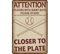 Funny Metal Tin Signs Baseball Sports Decor Players With Short Bats Please Stand Closer To The Plate Sign for Man Cave Baseball Sports Themed Bar Bathroom Decor 8x12 in