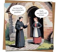 Funny Missionary Position Greeting Card - Cheeky Religious Pun, Blank Inside - 145mm x 145mm - Kraft Envelope - Adult Humor Card for Birthday, Anniversary, Banter