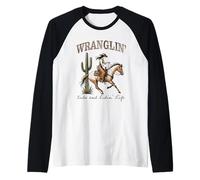 Funny Mom Riding. Western Cowboy Mama Wranglin' Kids Raglan Baseball Tee