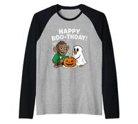 Funny Monkey and Duck Celebrating Halloween Boo-Day Birthday Raglan Baseball Tee